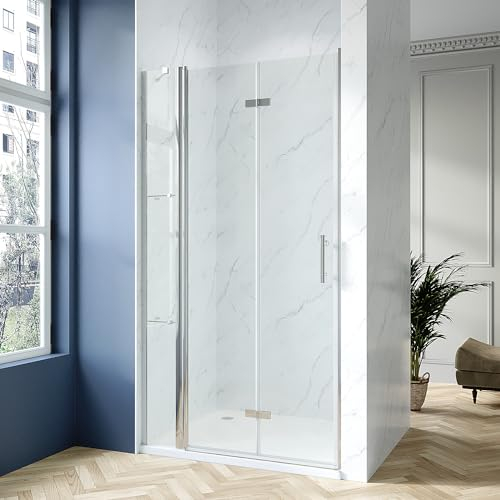 AQUABATOS® 140 x 195 cm Faltbare Duschtür in Nische Nischentür Dusche Nischenfalttür Falttür mit Festteil und Eckregalen Duschablagen aus 6 mm ESG Nano Echtglas
