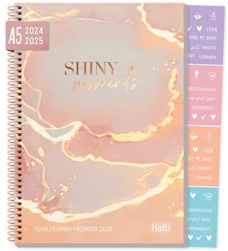 Häfft® College-Timer A5 2024/2025 Shiny Moments Schulplaner, Schülerkalender, Hausaufgabenheft Schüler-Tagebuch, Schülerplaner mit Sprüchen und Stickern - nachhaltig & klimafreundlich