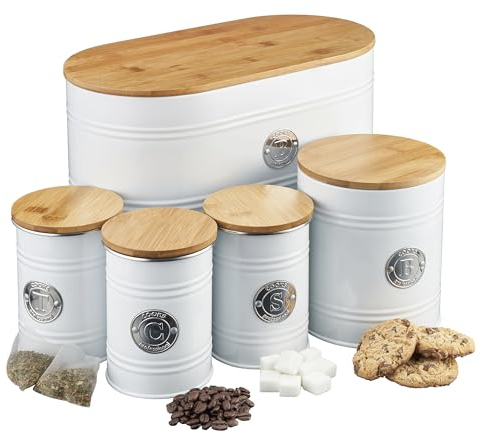 Cooks Professional Kitchen Storage Canister Set 5 Piece Tin Containers for Tea, Coffee, Sugar, Biscuits & Bread with Silver Detailing (White)