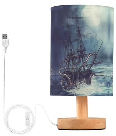 YYZZH Table Lamp Octopus Pirate Ship Sea Monster Tentacle Sailboat Night Ocean Wave Nightstand Lamp with Wood Base Fabric Lamp Shade Bedside Desk Lamp for Living Room Bedroom Kids Room Office