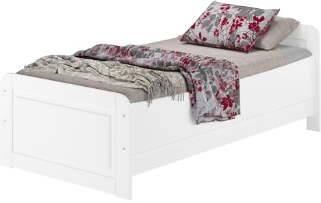 Weißes Echtholzbett extra hoch 100x200 Kiefer massiv Zubehör wählbar V-60.42W-10, Ausstattung:ohne Zubehör