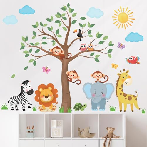 DECOWALL SG2-2323 Jungle Animals Tree Wall Decals Elephant Lion Giraffe Safari Wall Stickers Baby Animal Nursery Decoration Kids Bedroom Living Room Wall Decor