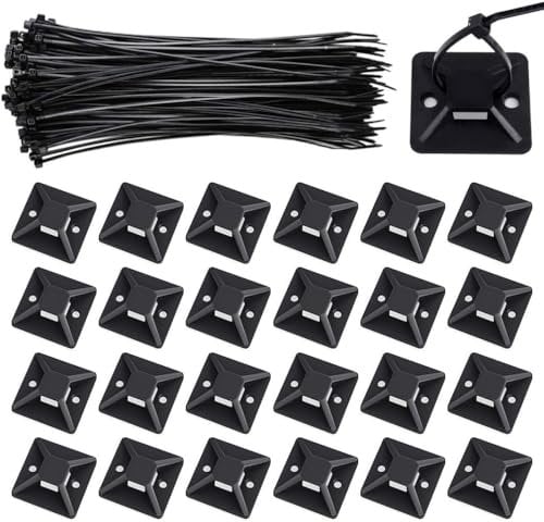 Viaky 120Pcs Black Cable Ties and 120Pcs Adhesive Mounts Set, 200mm Zip Ties and 23mm Base Holders, Nylon Pack Heavy Duty Tie Wraps for Home Office Cable Management