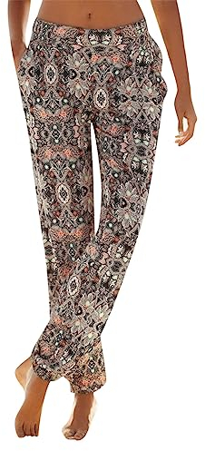 Damen Pant Lange Haremshose Schlupfhose Boho Strandhose Leicht Freizeithose Loose Sommerhose Frauen Hose mit Taschen Straight Bein Hose Sommerhose Stoffhose Jogginghose Yogahose