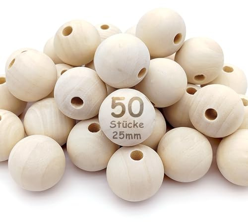 Kisvic Holzkugeln mit Loch 25mm, 50 Stück Runde Holzperlen Natur groß, Holzkugeln für armbänder zum Auffädeln für DIY Handgefertigte Dekorationen