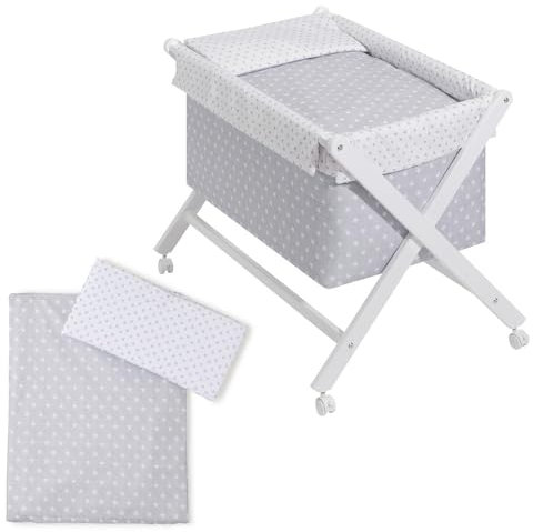 Danielstore Minicuna Plegable | 90x55x72 cm, Madera lacada, colchón Incluido | Ruedas con Freno, Textil algodón, fácil Montaje | Confort y Seguridad para bebé (Gris Estrellas Blanco)