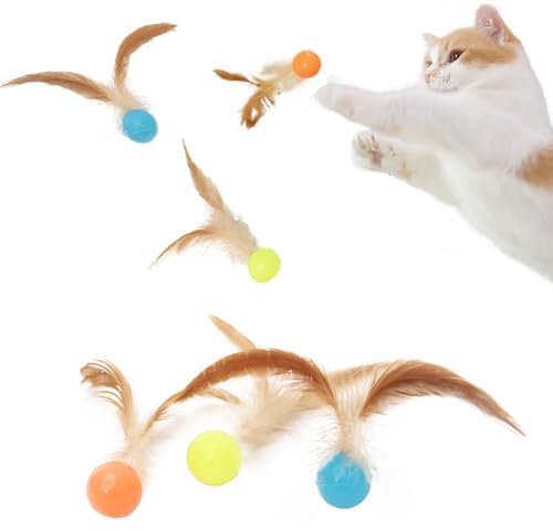 Coogime 3 Stück Katzenspielzeug Gummi Ball, Katzenspielzeug Selbstbeschäftigung Powerball mit Feder, 3 cm Katze Zubehör Bunte Katzenbälle für Haustier, Katze, Kätzchen,Trainingssport, Indoor Outdoor