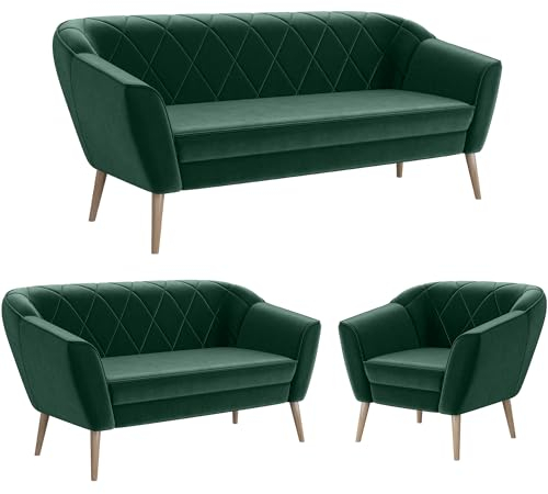 MEBLINI Mini Sofa Set 3-2-1 für Wohnzimmer - Mini Lounge für sechs Personen - Küchensofa - Sofa Klein - Sitzgarnitur - Polstergarnitur - Sofagarnituren - Gisela - 3+2+1 - Grün Samt