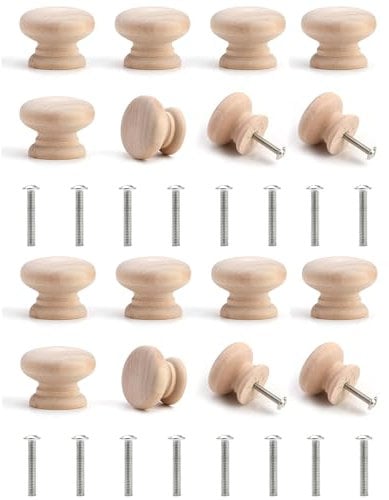 16-Piece Set Wooden Mushroom Drawer Knobs - Natural Unfinished Round Knobs For Furniture Wardrobe Office Dresser Drawer Pull