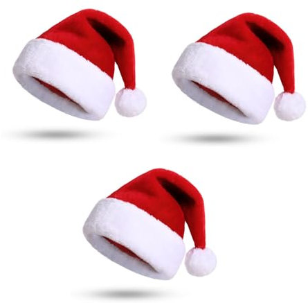 KONVINIT Weihnachtsmützen Erwachsene,Rote Plüsch Nikolausmützen Weihnachtsmann Mützen Dicker Fellrand Santa Claus Mützen,Rot 3 Stück