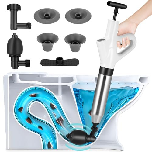 Toilet Plunger, High Pressure Toilet Unblocker, Heavy Duty Drain Unblocker Kit with A Holder and 4 Replaceable Heads for Unblocking Toilets, Sink, Shower, Bathtub, Floor, Drain And Pipe Clog (White)