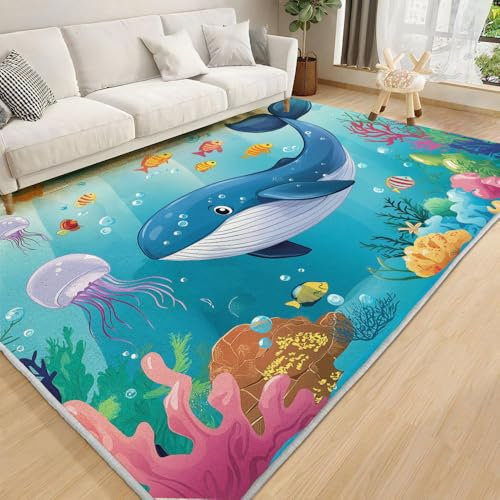 CECE&COLE Home Teppich Wohnzimmer, Unterwasserwelt Wale Flauschige Flachflor Teppich, Bettvorleger Sofa Matte, Super Weich Teppich für Wohnzimmer Schlafzimmer Kinderzimmer,150×210 cm