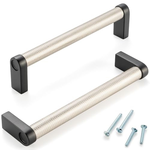 ASKANO Nickel and Black Cabinet Pulls, 5 Inch Hole Centers, Knurled Bar Kitchen Cabinet Handles AP1311 | Pack of 5, Solid Hardware for Kitchen Door Drawer Dresser Bathroom Vanity Cupboard, 5