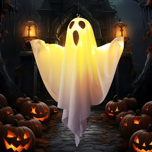 Halloween Deko Geist, Halloween Deko Hängende Geister mit LED Licht, Halloweendeko Outdoor Leuchtende Geist Batteriebetrieb, Hängende Geister Dekoration für Vorgarten Garten Party (Weiß x 1)