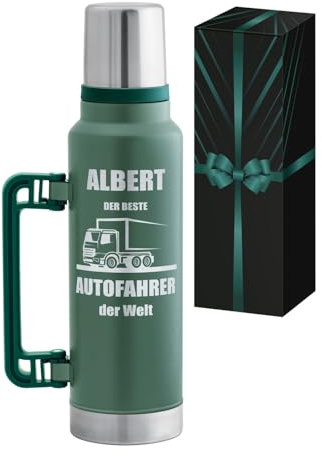 Personalisierte Thermosflasche 1400 ml mit Griff - auslaufsichere Edelstahl Trinkflasche mit Trinkbecher für unterwegs - Personalisierte Geschenke Männer - Abschiedsgeschenk Kollegen - Grün- Maverton