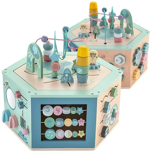 MERKAN, 7 in 1 Holz Lehrwürfel - Motorikschleife, buntes Zählwerk, Uhr, drehbare Zahlen, Labyrinth-Aktivitätszentrum, Formensortierer, drehbare Zahnräder