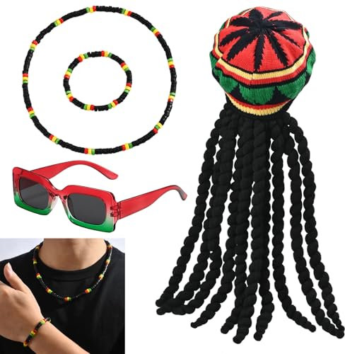 APPCXOKL Jamaika Kostüm - Lustige Hüte mit Dreadlocks Perücke, Kostüm inkl. Sonnenbrille, Halskette, Armband und Mütze mit Haaren