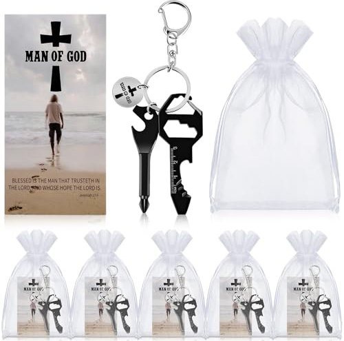 Quelay 6 Sets Mann Gottes Vatertagsgeschenk für Kirche, christliches Multitool, Schlüsselanhänger, Geschenke für Männer, 6-in-1-Schraubendreher, Schlüsselanhänger mit Bibelvers-Karte und Taschen für