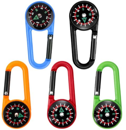 AEIOPRS 5 Pcs Multifunktionaler Tragbarer Kompass Mit Karabinerhaken Schlüsselanhänger Mini Kompass Karabiner für Kinder Camping Outdoor Wandern 5 Farben