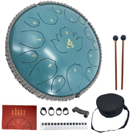 YoungMonic Steel Tongue Drum 12 Zoll 15 Noten C-Dur Stahltrommeln Regenglocke für Außen Percussion Instrument mit Schlagzeug Schlägel und Tragetasche (Malachitgrün, 13 Zoll 15 Noten C-Dur)