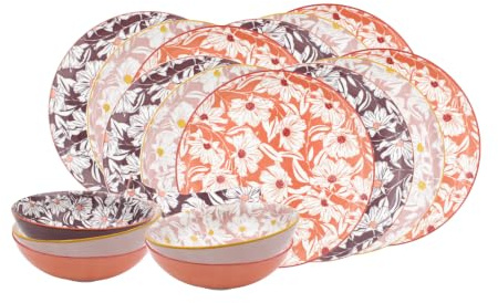 Ard'time Tafelservice aus Porzellan, 18-teilig, Blumenmotiv, Farben Rosa und Aprikose, flache Teller, tiefe und Dessertteller, Kollektion Ophélia