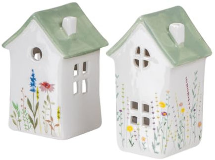 2er Set Windlicht Häuser Grün Porzellan Teelichthalter Blume Frühling Tischdeko Blumenmuster Deko Kerze Kerzenhalter