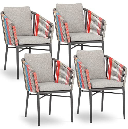 acamp Gartenstühle 4er Set stapelbar | Aluminium-Gestell wetterfest & rostfrei | Bequeme Stapelstühle inkl. 2 Kissen mit wasserabweisendem Bezug | Esszimmerstuhl in Bunt