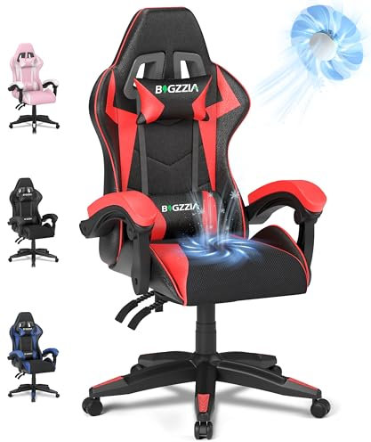 bigzzia Gaming Stuhl Mit Lüfter, Atmungsaktiver Gaming Chair mit Lendenkissen und Kopfstütze, Gamer Stuhl Höhenverstellbar Mit Sitzbelüftung, Pc Stuhl für Erwachsene Mädchen Junge Rot