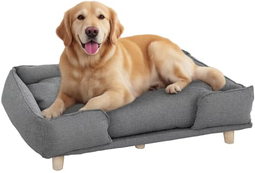 PawHut Hundesofa Hundecouch mit Rückenlehne, Holzbeine Hundebett mit Polyester Haustiersofa Katzensofa für große Hunde bis zu 30 kg und 60 cm Schulterhöhe, 96 x 66 x 24 cm Dunkelgrau