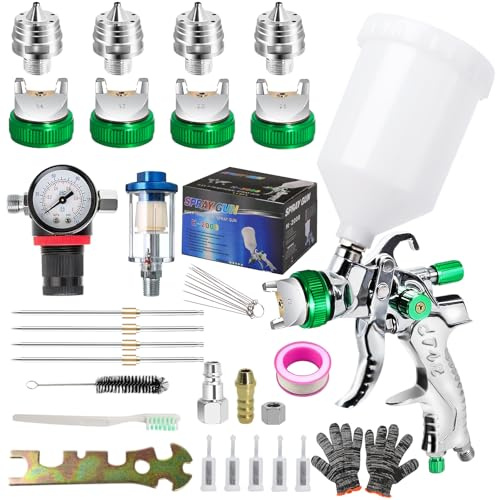 HVLP Lackierpistole Kit mit 4 Düsen,Spritzpistole Lackierpistole Kit mit 1,4mm & 1,7mm & 2,0mm & 2,5mm Düsen,Farbsprühsystem Spraypistole für Zäune Decken Wandmalerei Luftspritzpistole