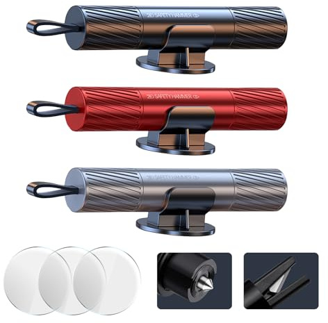 3 Stück Sicherheitshammer mit Gurtschneider-Notfall mit Testglas-Notfallhammer Auto mit Upgrade Anti-Rutsch Griff,2 in 1 Verbessert Gurtschneider Notfallhammer