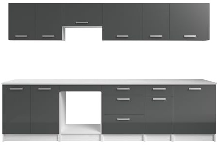 Vente-unique-Cocina Completa - con encimera 300 cm - Gris Brillante y Blanco - TRATTORIA