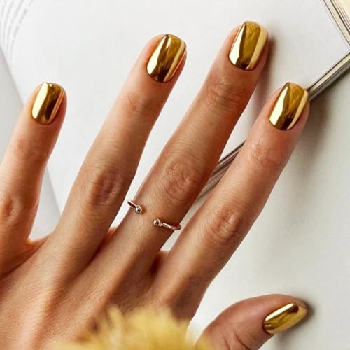 Viugex 24 Pièces French Faux Ongles, Court Or Brillant Press on Nails, Carrés Réutilisable Artificiels Ongles à Coller, Élégant Couleur Pure Acrylique Ongles à Presser pour Femmes Filles DIY Manucure