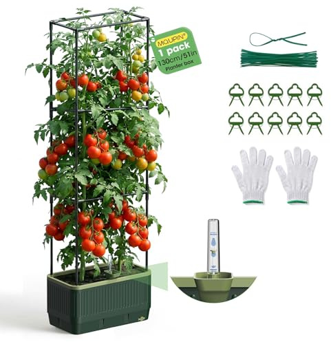 MQUPIN Fioriera rialzata da giardino con traliccio,fioriera a gabbia per pomodori, aiuolarialzata con traliccio, per rampicanti, verdure piante, auto-irrigante (1)
