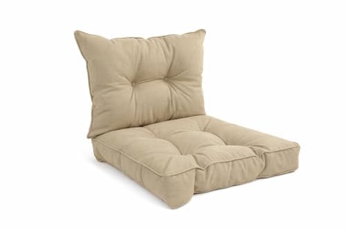 POKAR Stuhlkissen 2er Set 1x Sitzkissen 50x50x10 cm + 1x Rückenlehne 50x40x10 cm | Wasserabweisendes Loungekissen | Outdoor Auflagen für Gartenstuhl und Rattanmöbel | Öko Tex | Made in EU | Beige