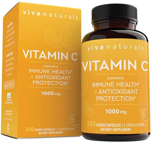 Viva Naturals Vitamin C, 1000 mg, 250 Vegetarian Capsules – with Citrus Bioflavonoids & Rose HIPS, Non-GMO for Immune Support & Antioxidant Protection