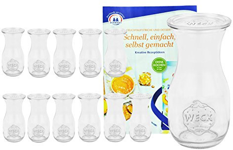 MamboCat 12er Set Weckgläser Saftflaschen mit Deckel 290 ml I Original Weck Glasflasche I Einweckflaschen mit Deckel für Säfte Saucen Öle UVM I inkl. Diamant-Zucker Gelierzauber Rezeptheft