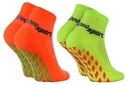 Rainbow Socks - Jungen Mädchen Neon Sneaker Sport Stoppersocken - 2 Paar - Orange Grün - Größen 30-35