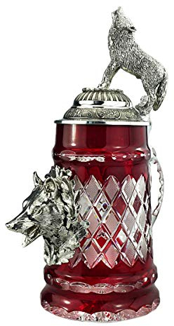 KING Boccale di birra in cristallo, boccale di birra da 0,5 litri, rosso, con coperchio per lupo e lupo