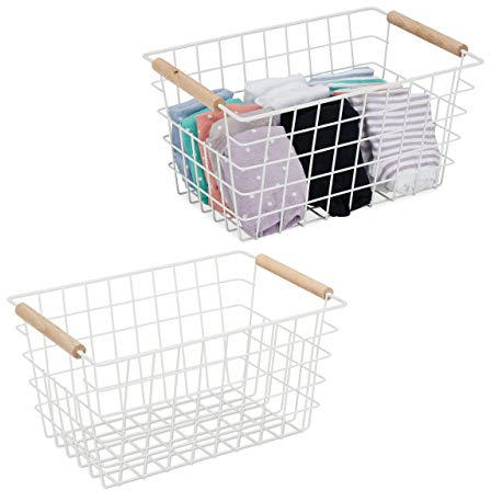 2 x Drahtkorb, Holzgriffe, rechteckig, Gitter Design, Kleidung, Accessoires, Metallkorb, HBT: 16x31x21 cm, weiß