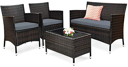 RELAX4LIFE Polyrattan Gartenmöbel Set 4-teilig, Rattan Sitzgruppe mit 2 Rattanstühlen & Rattanbank & Rattantisch mit Glasplatte, Rattanmöbel Set mit Sitzkissen, Terrasse Garten Balkon (Kissen in Grau)