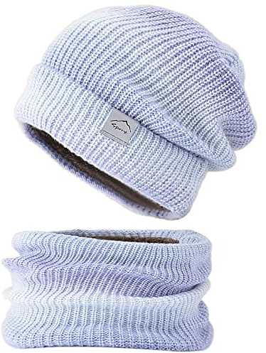 WANYIG Wintermütze Strickmütze mit Schal Damen Warme Mütze Beanie Herbst Winter Schal und Mütze Set 56-60CM (Farbverlauf Lila)