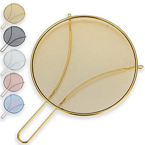 Evanda 30 CM Gold Spritzschutz zum Kochen, Edelstahl-Feinmaschchen für Bratpfanne, Fettschutz für Pfanne, um heiße Ölspritzer zu stoppen, schützt die Haut vor Verbrennungen, sicherer Kochdeckel