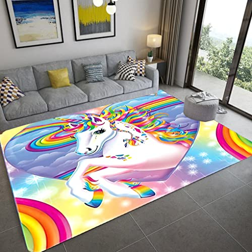 Mädchen Schlafzimmer Teppich 3D Einhorn Carpet Mädchen Zimmer Bodendekoration Rug Cartoon Kinderzimmer Krabbelmatte Flanell Memory Foam Teppich Geeignet für Wohnzimmer (160X200 cm, Bunt 2)
