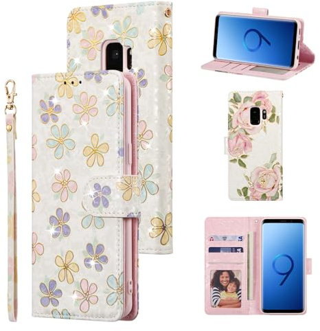 UEEBAI Wallet Case for Samsung Galaxy S9, PU Leather Phone Case Kickstand RFID Blocking Flip Case with Card Slots Wrist Strap Relief Engraved Pattern Magnetic Closure Folio Case - White Daisy