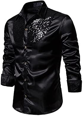 YILEEGOO Men's Shiny Satin Sequins Button Up Dress Shirts Long Sleeve Slim Fit Disco Party Prom Wedding Shirts Costume (Black, XXL)