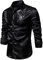 YILEEGOO Men's Shiny Satin Sequins Button Up Dress Shirts Long Sleeve Slim Fit Disco Party Prom Wedding Shirts Costume (Black, XXL)