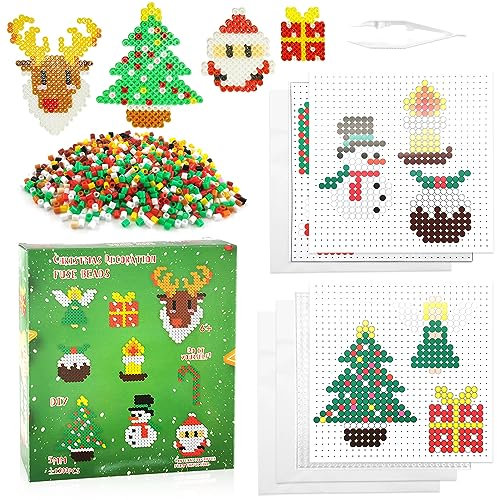 TOPJOWGA Weihnachten Bügelperlen Set, 1200 Stück Weihnachten Steckperlen Set mit Muster-Karten, Steckperlen Platte, Bügelpapier, Weihnachten Perlen Set zum Basteln DIY Geschenk Mitgebsel