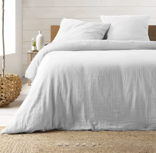 KGS Parure de Lit en Gaze de Coton - 220x240 cm - Plusieurs Coloris (Blanc)