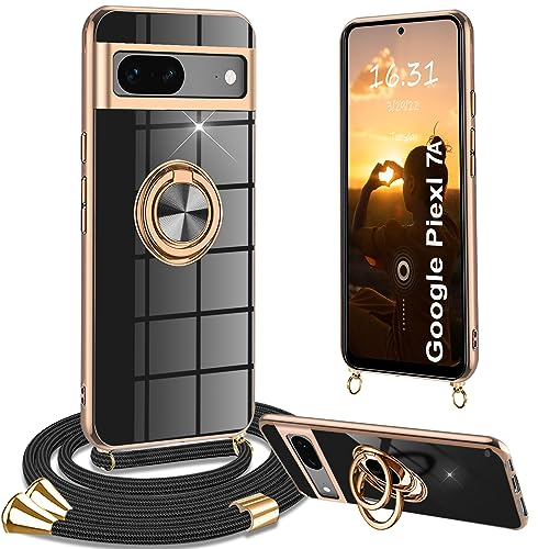 Yutwo Hülle für Google Pixel 7A mit Band, Handyhülle für Google Pixel 7A mit Band 360° Halter Ständer Kratzfest Silikon Handykette Stoßfeste Schutzhülle, Schwarz